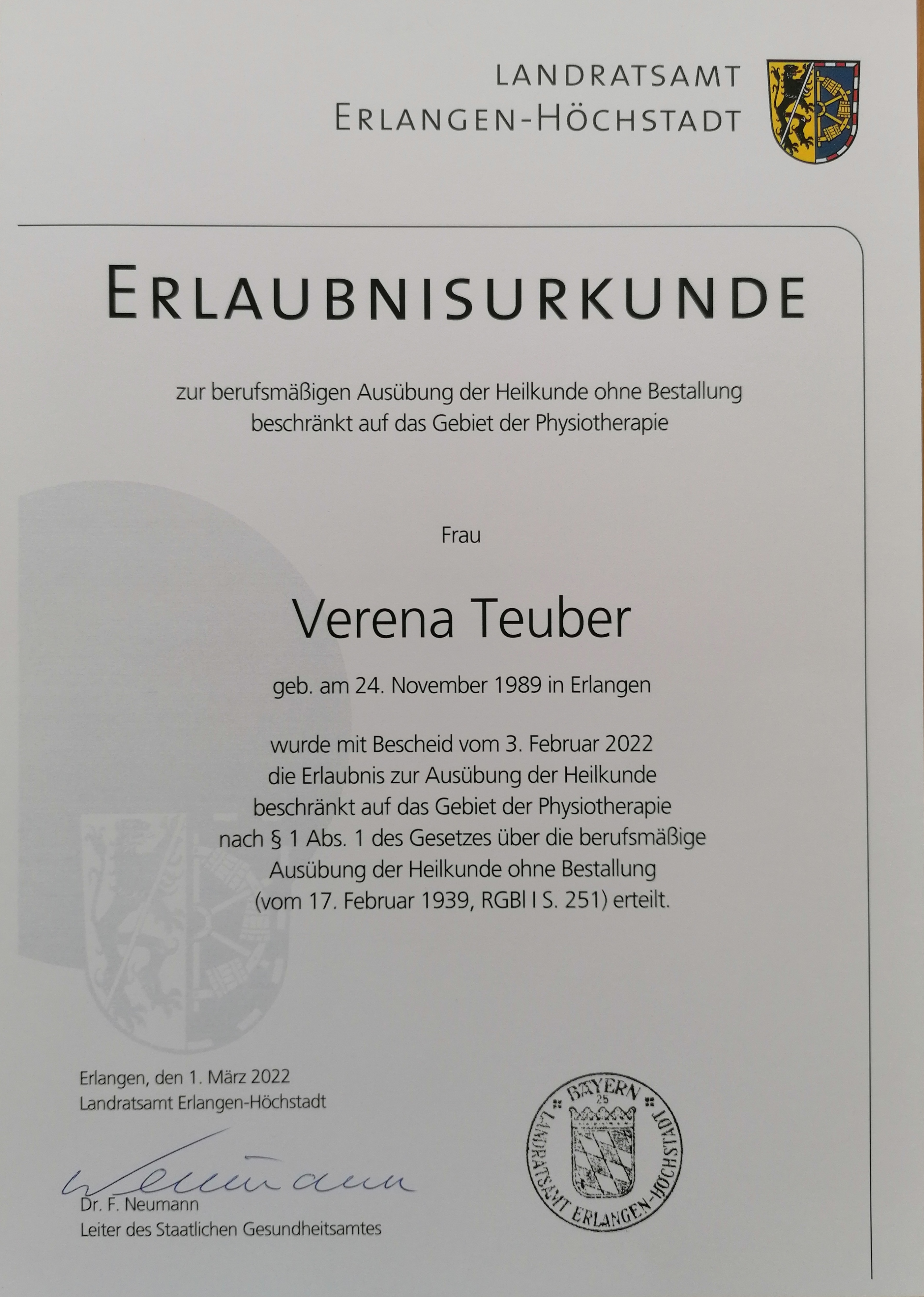 Heilpraktikerin Urkunde