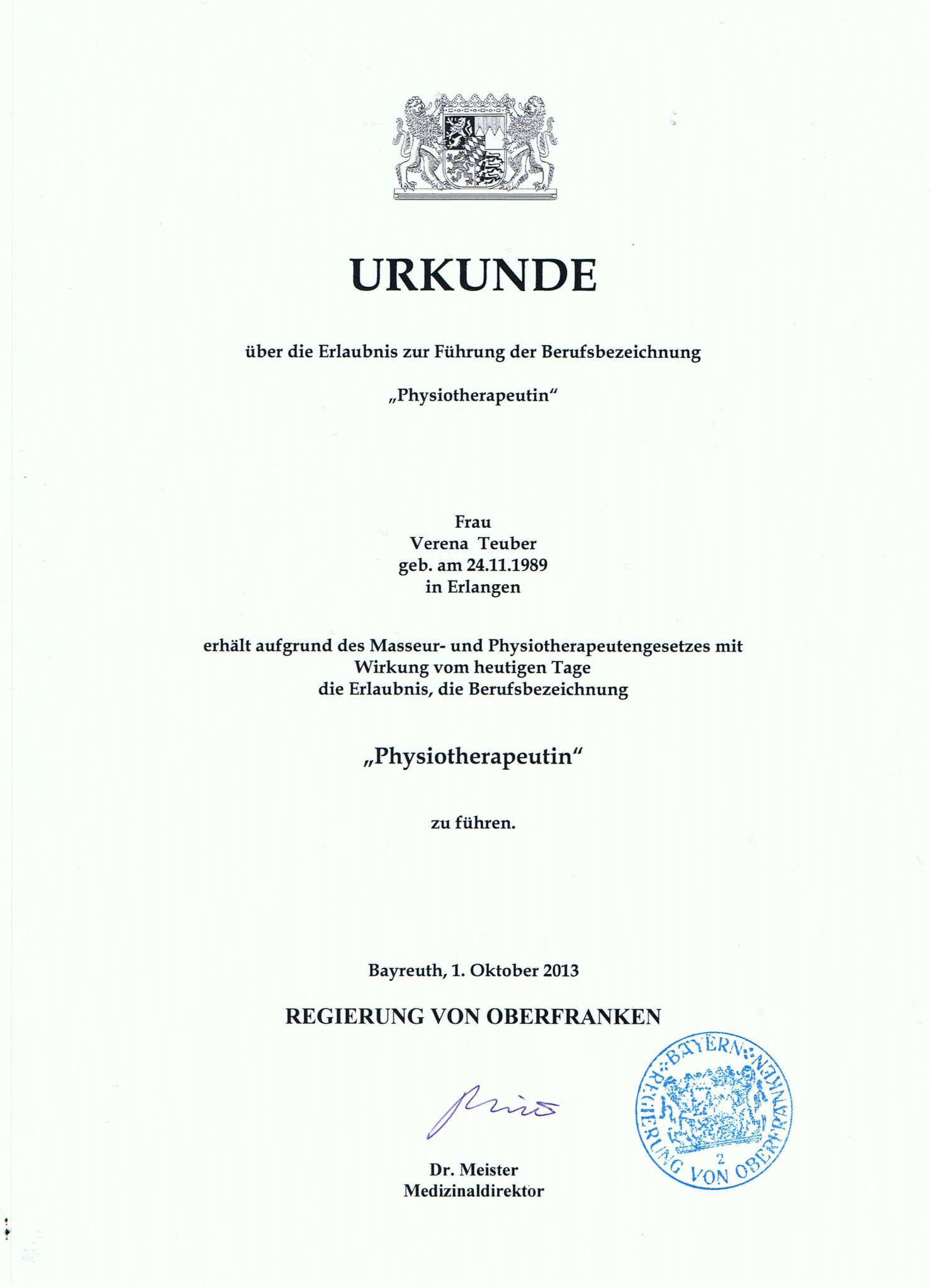 Physiotherapeutin Urkunde